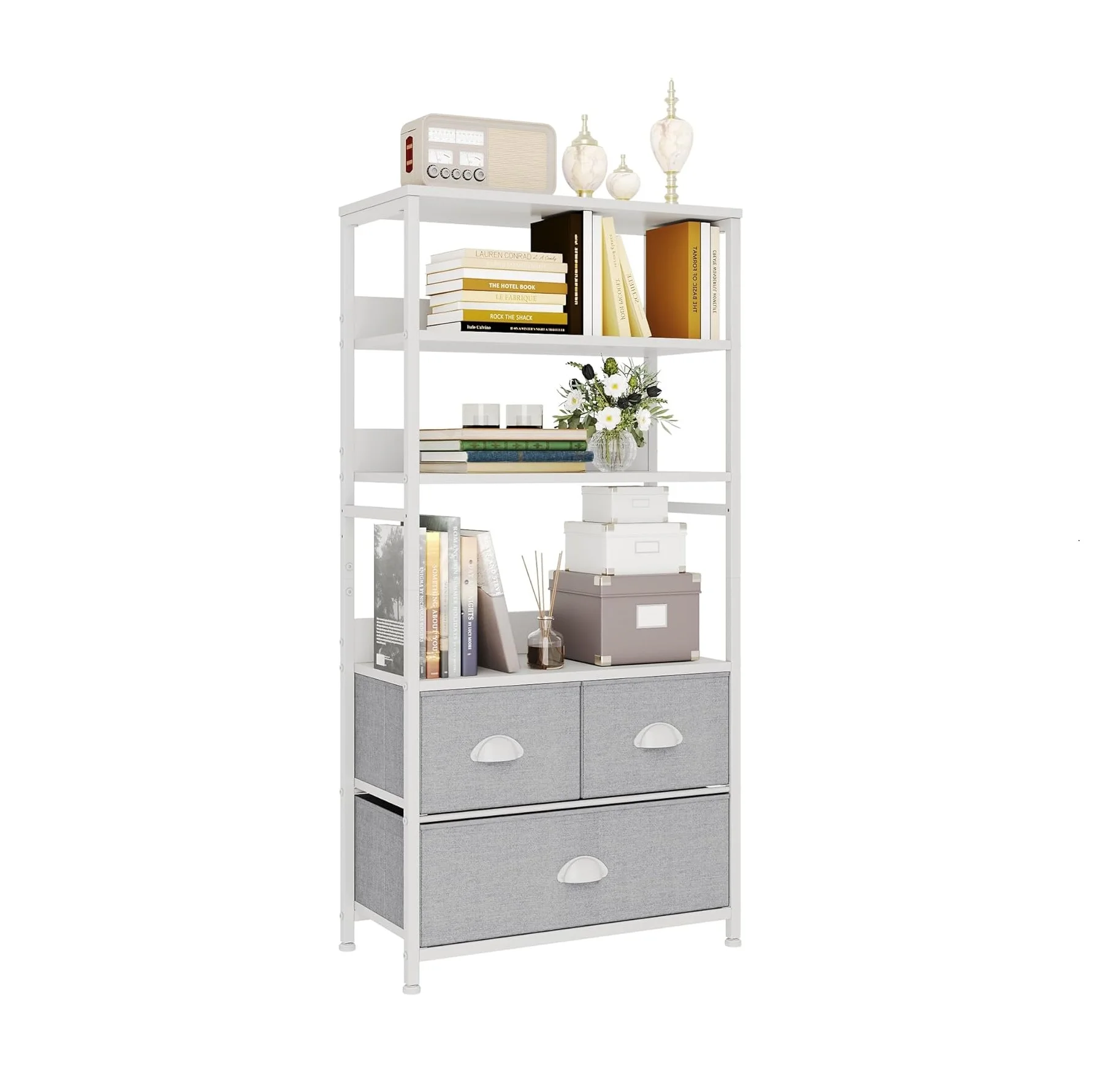 4 Tier Storage Drawer Shelf with 3 Fabric Drawers,Metal Frame,Wood Top,Home,Living Room, Office, Bedroom,White,120x58x29cm