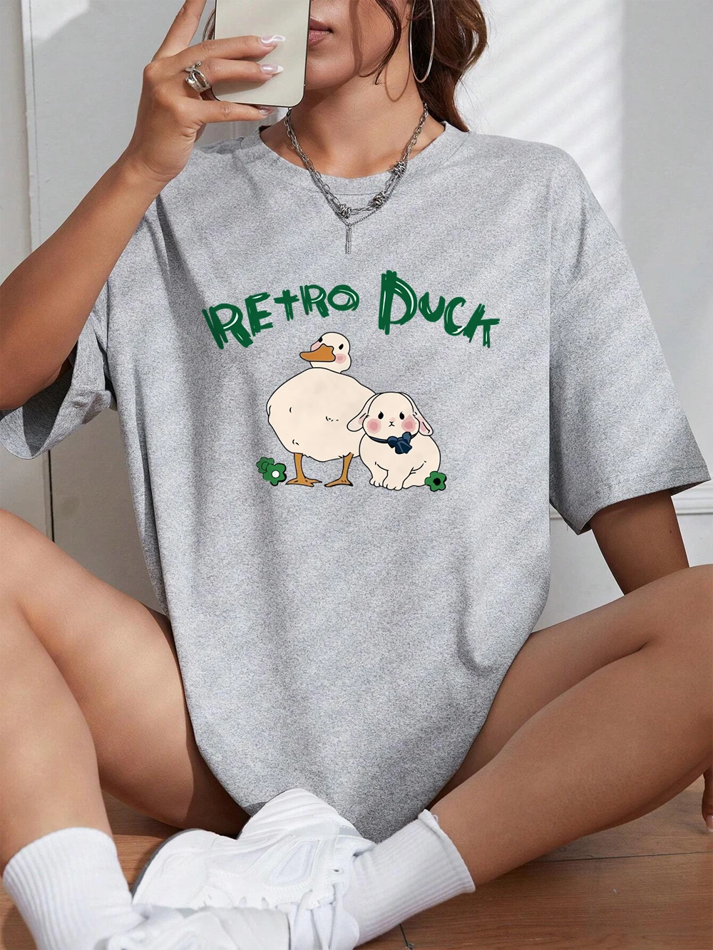

Cartoon Retro Rabbit Duck Printing T-Shirts Women Cotton Summer Short Sleeve Loose O-Neck Soft Comfortable Tops Casual Clothes