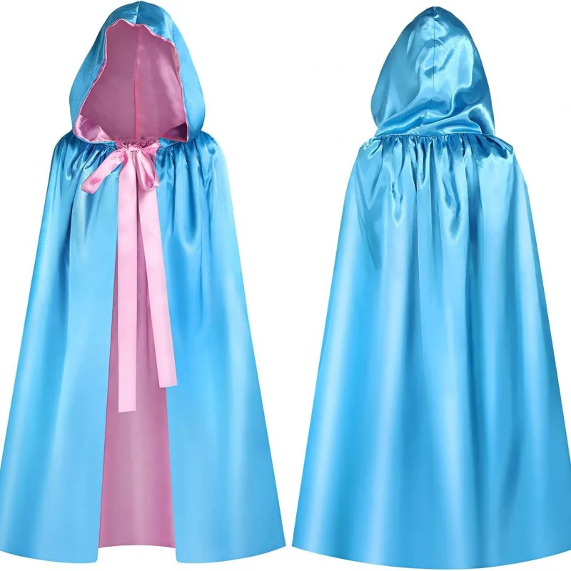 

New Halloween Princess Cloak Cosplay Reversible Hooded Cape Witch Wizard Blue Children Adult Anime Role Play Party Costumes