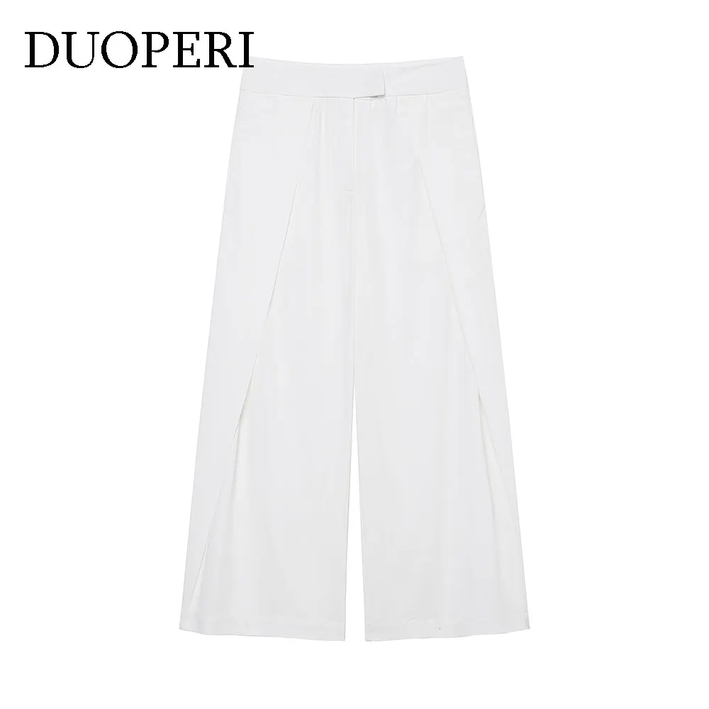 DUOPERI femmes mode blanc plissé jambe large pantalon décontracté taille moyenne pleine longueur femme Chic dame pantalon