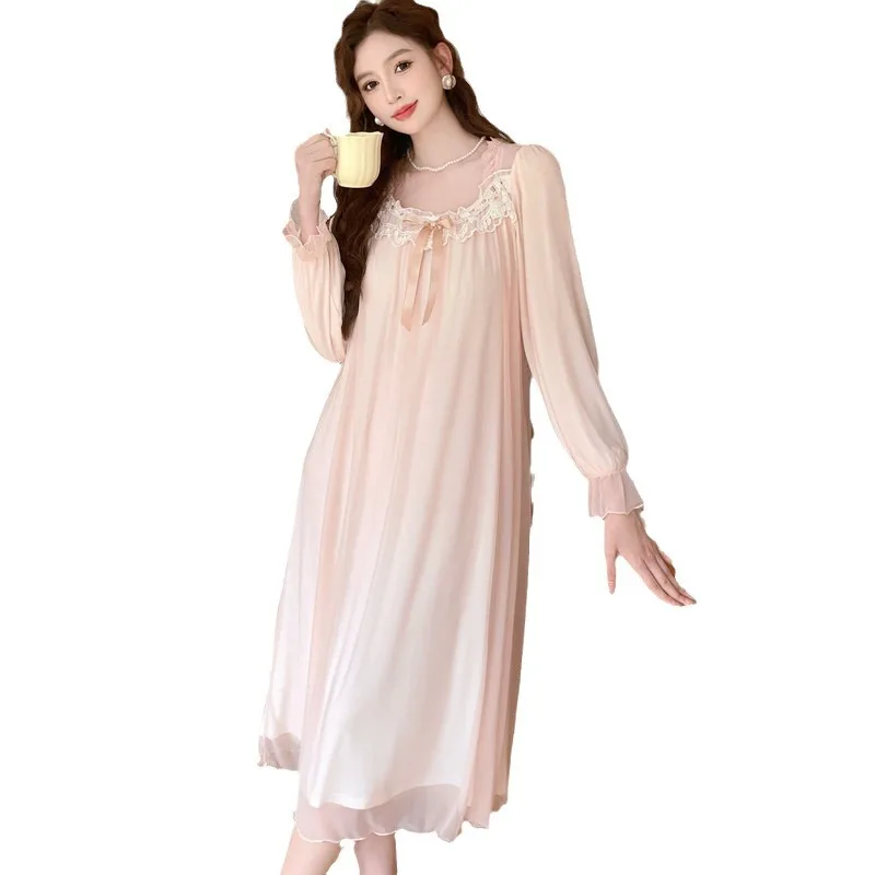 Sexy Lace Princess Nightdress Women Long Sleeve Nightgown Bathrobe Loungewear Rayon Home Clothes Summer Sleepwear Morning Gown