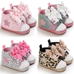 0-12M Newborn Baby Girl Boys Shoes Leopard Star Printed Bowknot Walking Soft-Soled First Walker Shoes