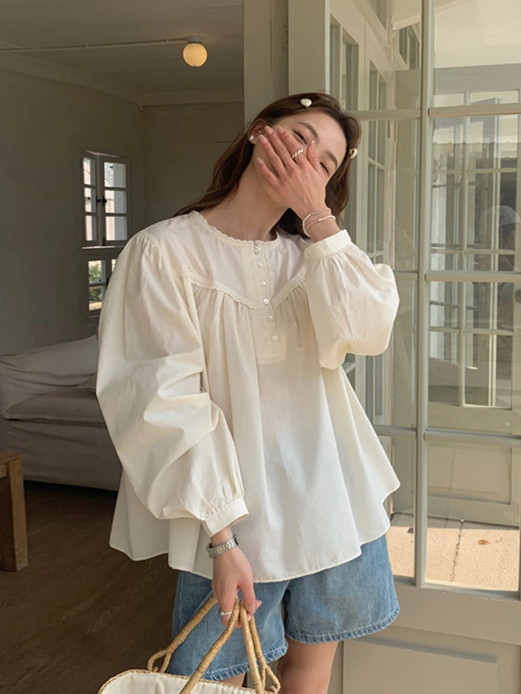 

Chic Early Autumn Loose Lantern Sve irt round Ne Ruffle Splicing Doll Top Korean Sle Commute Faion Women's Blouse