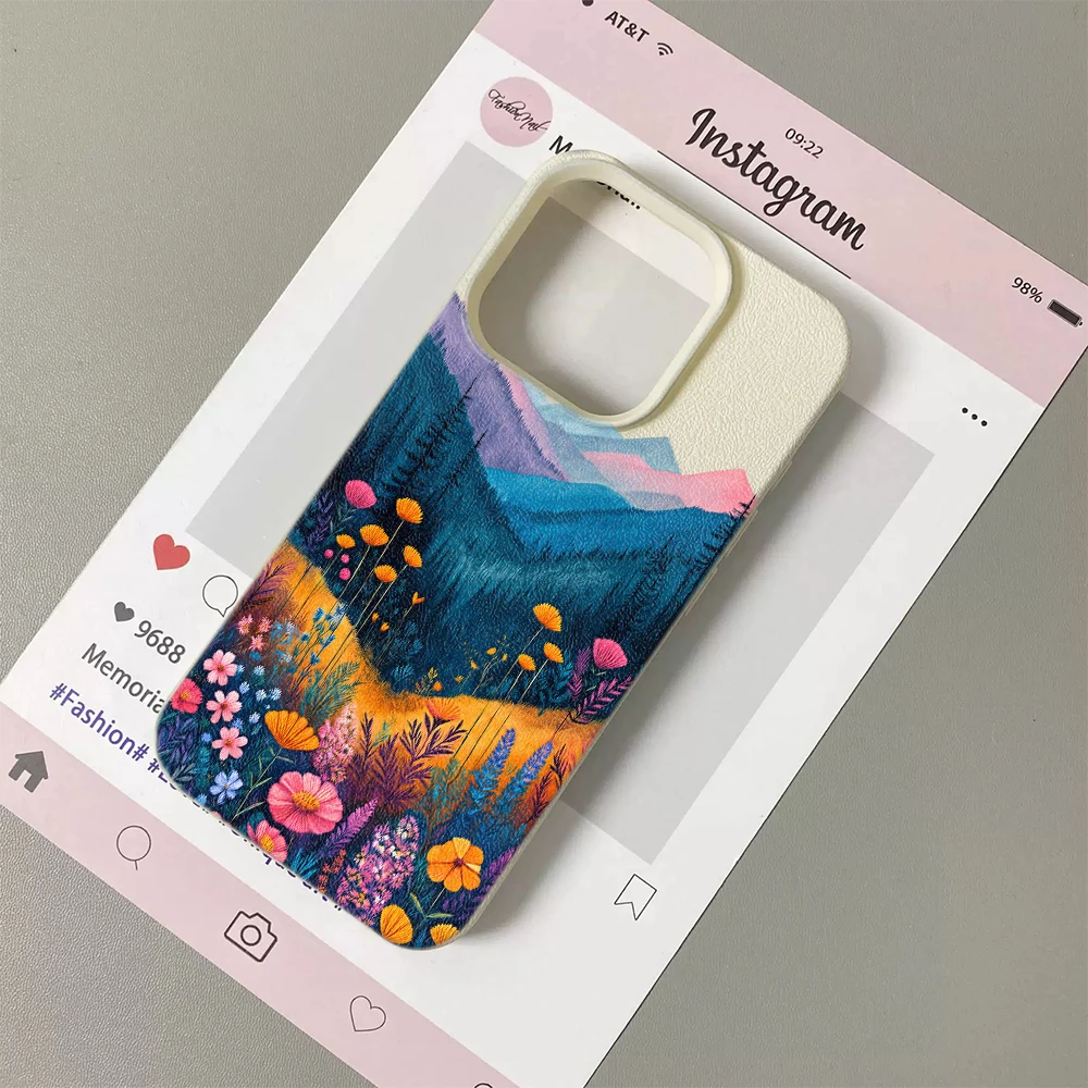 Mountain Flower Field Rugged Leather Case For Iphone 18 Pro Max 15 14 13 12 11 17 16 Plus Air Anti Shock Protection Cover