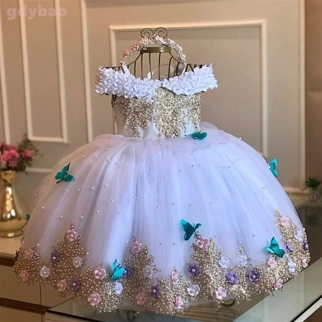 Luxury Princess Applique Flower Girl Dresses For Wedding Tulle Pearls Ball Kids Pageant Gown Birthday Party First Communion Wear