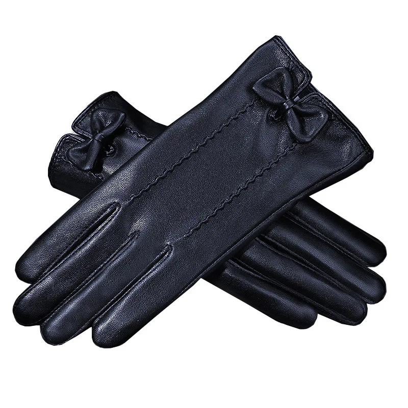 AliExpress Fashion Bow Decoration PU Leather Gloves for Women Winter with Plush Warm Windproof and Waterproof Thick Glove Cycling Riding