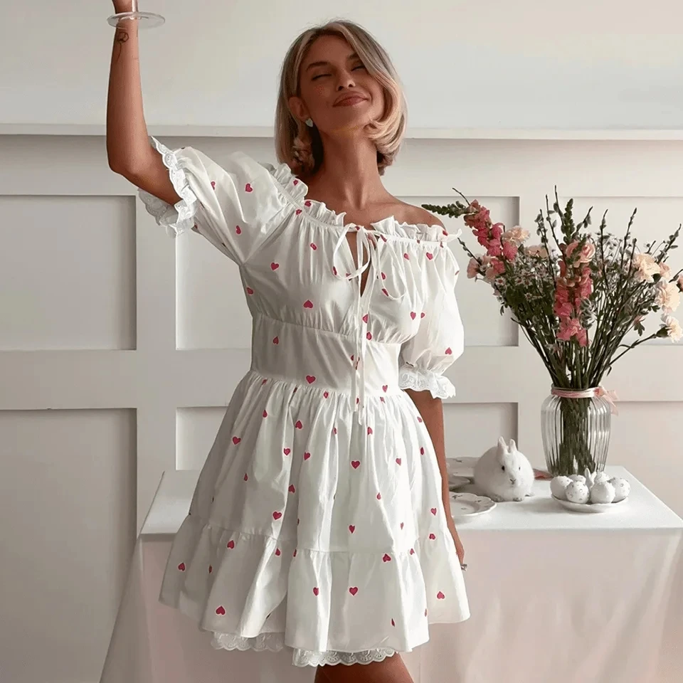 

2026 Spring Summer New Womens Boat Neck Heart Print Dress Lace Splicing French Fashion Elegant Short Dress