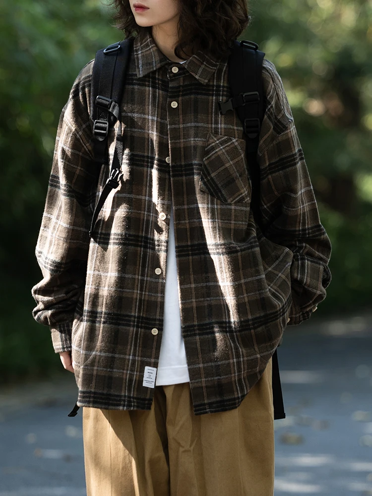 

GoodNorth ex Plaid Long Sve irt Осень-Весна Шерстяная повседневная верхняя одежда Женская Sle Street Faion Свободная посадка из полиэстера...