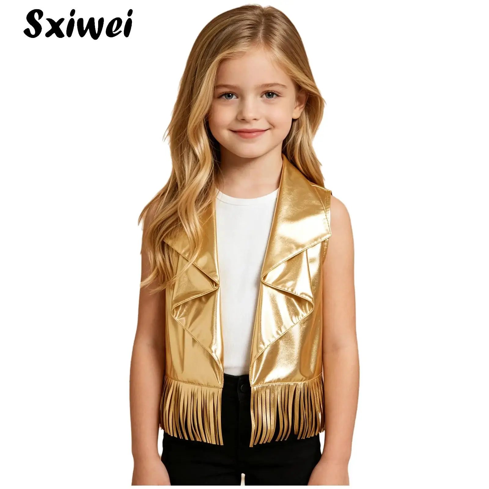 Boys Girls Metallic Shiny Hip-hop Jazz Dance Vest Jacket Streetwear Child Open Front Waistcoat Tassel Tank Top Stage Performance
