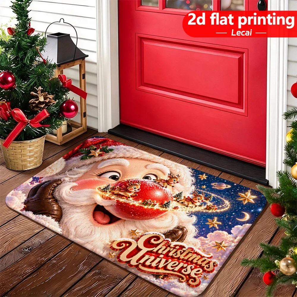 Bright Red Santa Claus Doormat Golden Bell Ribbon Area Rug Snowy Christmas Snowflake Floor Mat Holiday Gift Welcome Rug