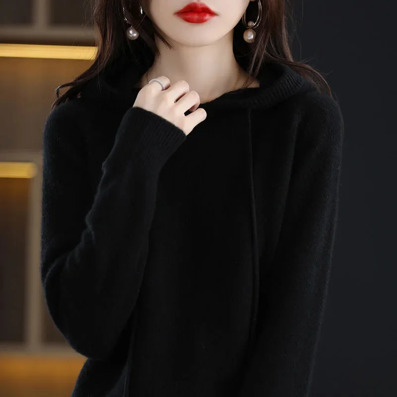 Women Pullover Sweater Hooded Jumper Korean Loose Solid Long Sleeve Casual Autumn Winter Thick Warm Knitted Sweaters