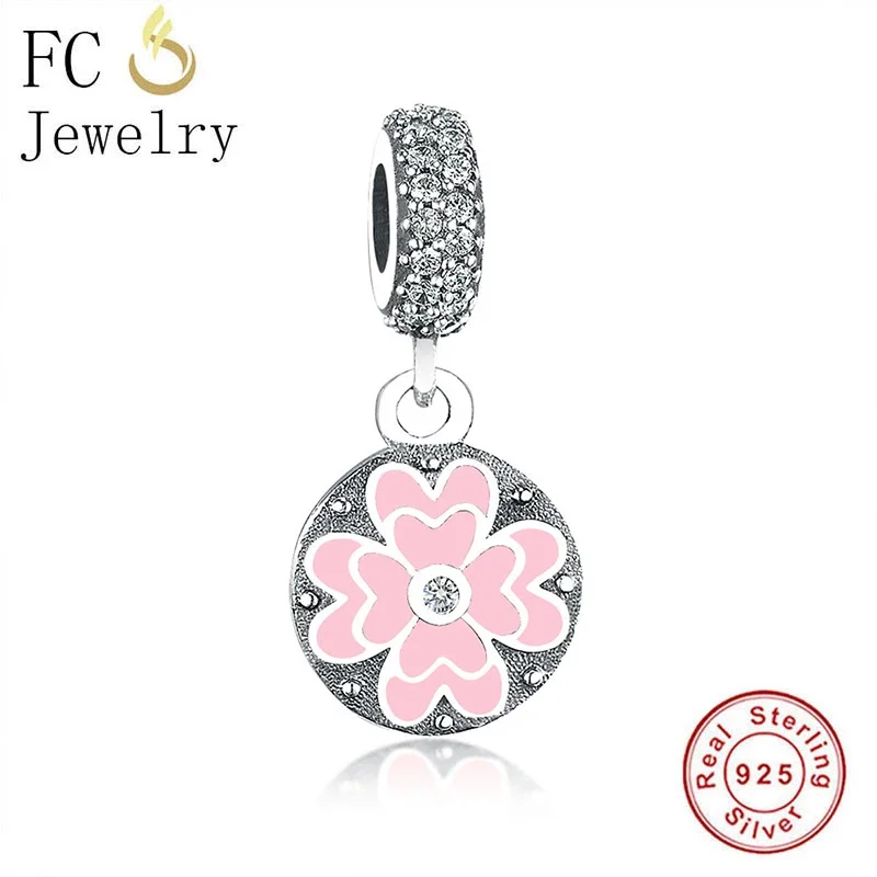 FC Jewelry Fit Original Charms Bracelet 925 Sterling Silver Couple Pink Enamel Clover Flower Dangle Bead For Women Berloque 2020