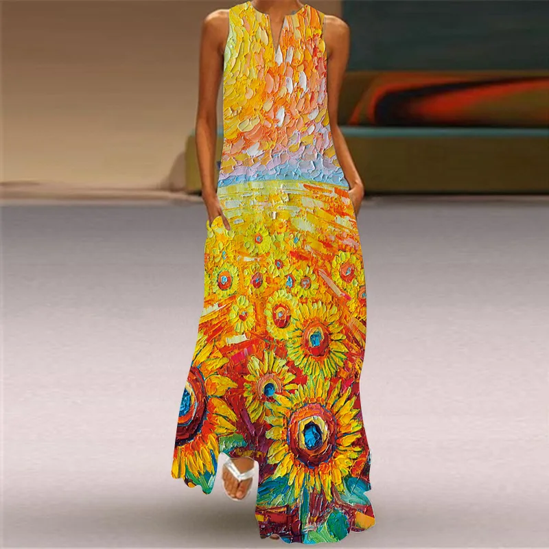 Elegant Long Maxi Dress Casual Peacock Feather Print Vintage Loose Pocket Chiffon Beach Dress Women Summer Evening Party Dreeses