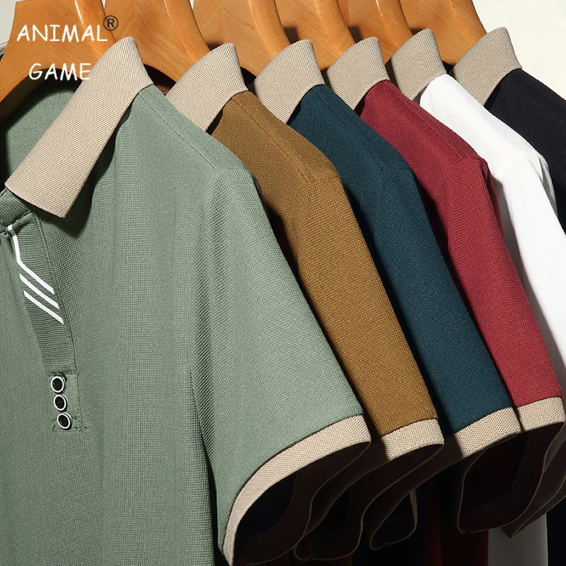 New Men's Business Polo Shirt Summer Lapel Sweatwear Casual Solid Color Basic V-neck Breathable cotton Tshirts