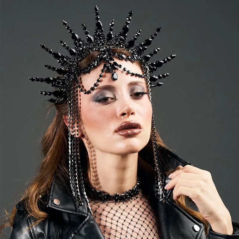 Exaggerated Black Tassel Crown Hairband Women Head Accessories 2026 Drag Queen Rhinestone Headpiece Chain Tiara Party Jewelry