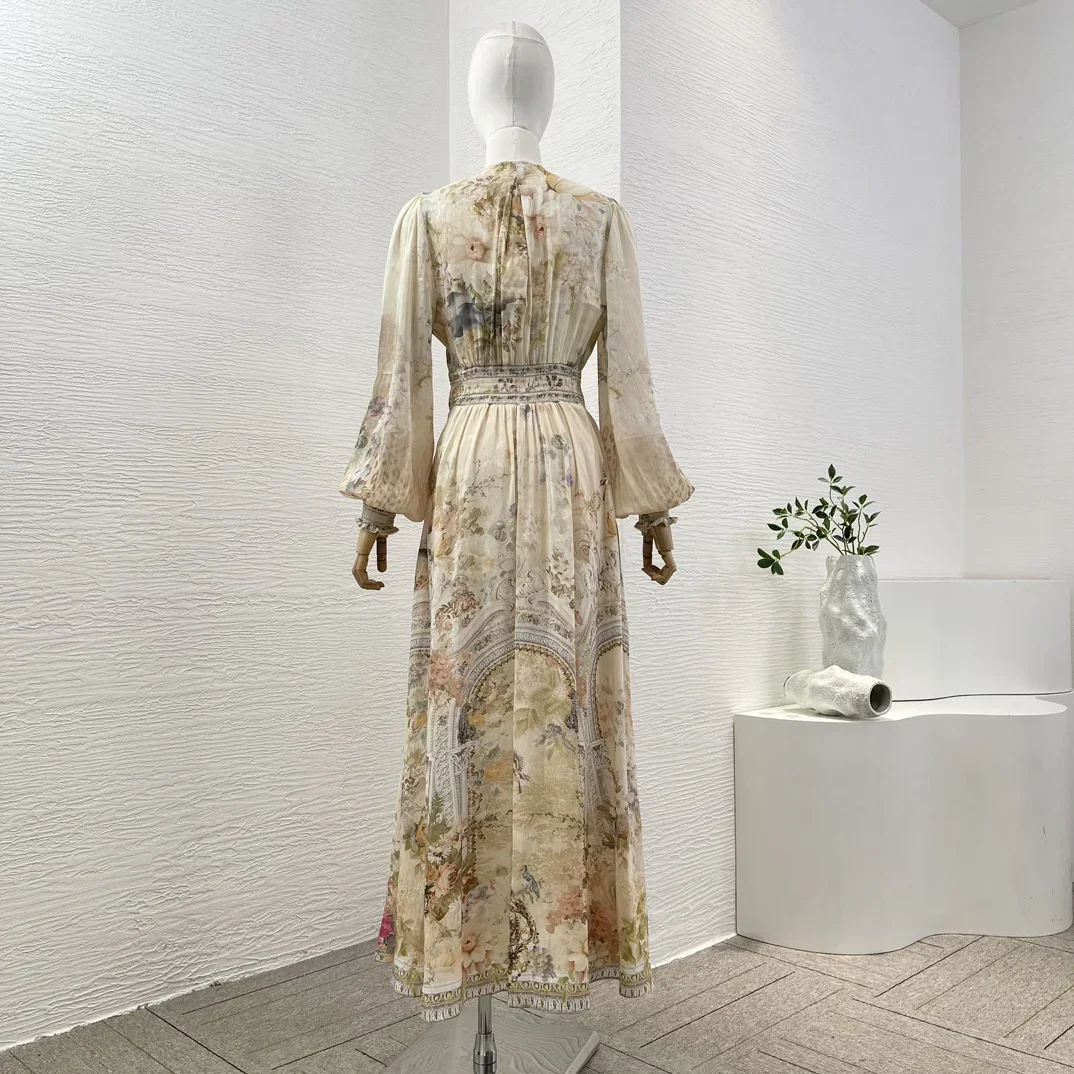 Re-tro 2024 Linen Silk Beige Floral Print Long Sleeve Deep V-Neck Diamonds Lace Patchwork High Quality Midi Dress for Women