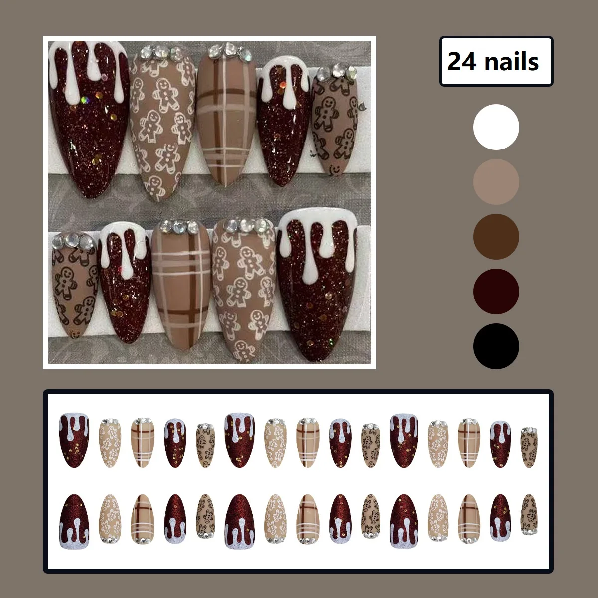 Cute Gingerbread Man Press on Nails Medium Almond Fake Nail Cute Christmas False Nails 3D Rhinestones Design Stick on Nail