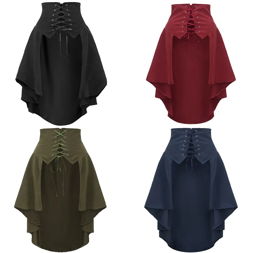 Cosplay Gothic Lolita Rock Rüschen High Rise Plissee A-Linie Mittelalter Schnürung Weinrot Unregelmäßiger Schlanker Straßenrock Plus Size