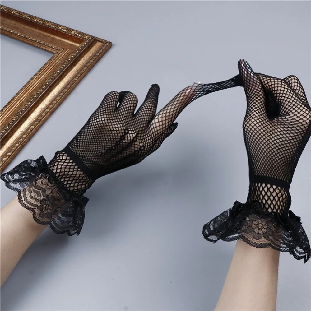 

Soft Ruffle Lace Mittens Hollow Out Full Fishnet Mesh Gloves Thin Mesh Lolita Lace Gloves