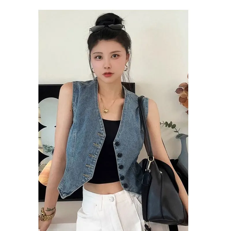 

Denim Vest Women Sleeveless Jacket Top V Neck Single Breasted Washed Vintage Distressed Streetwear Waistcoat Summer 2025