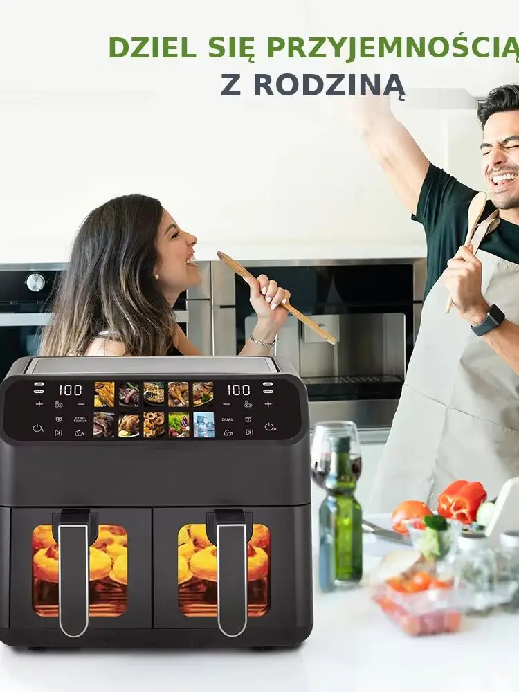 Sinaopus Heißluftfritteusen 9L mit Doppelkorb – Ölfreier Kocher mit LED-Touch-Steuerung & Sichtfenster, Familien-Smart-Heißluftfritteuse, Große Kapazität für den Hausgebrauch