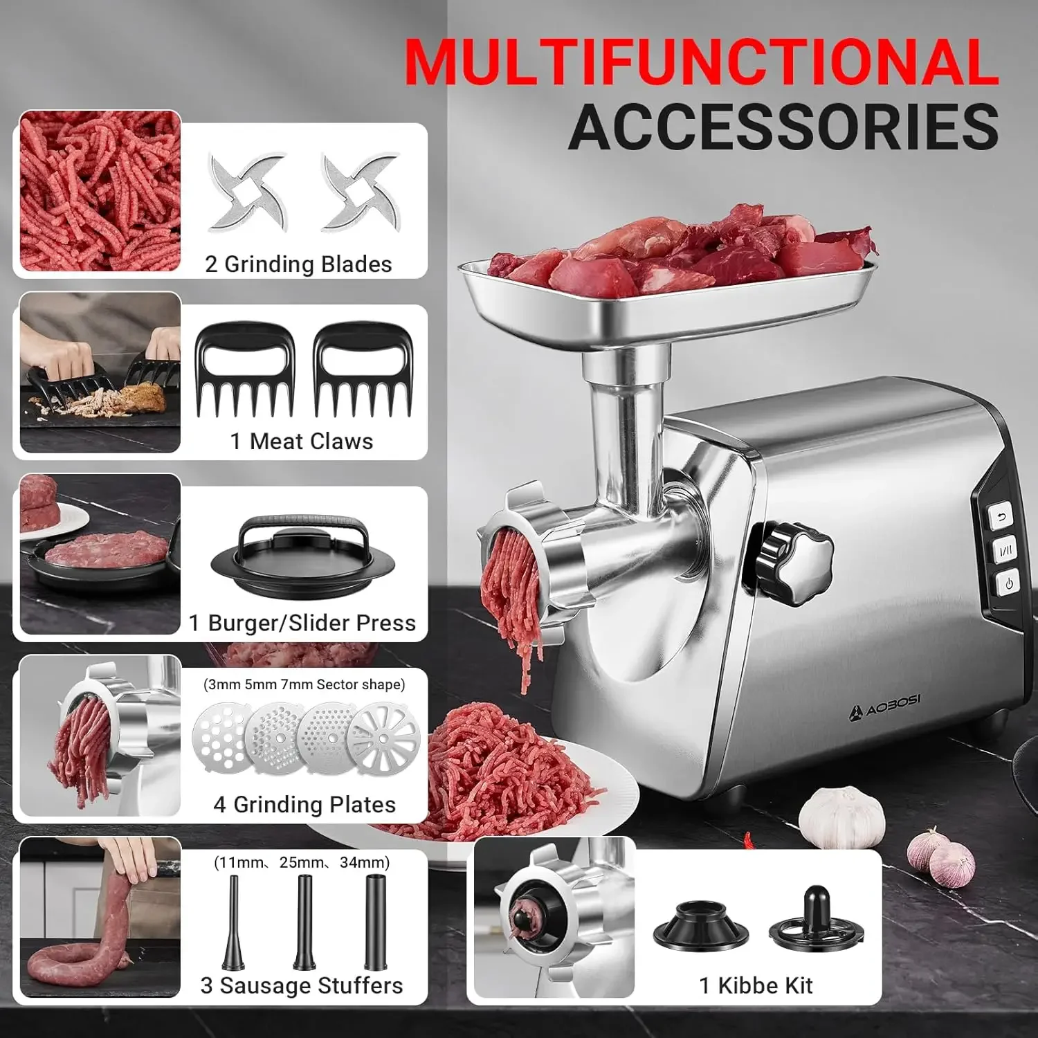 

12 Meat Grinder, [ ] 3 Speed Meat Grinder Heavy Duty: Built-in Storage Box, 2 Blades,4 Plates,3 Sausage Stuffers