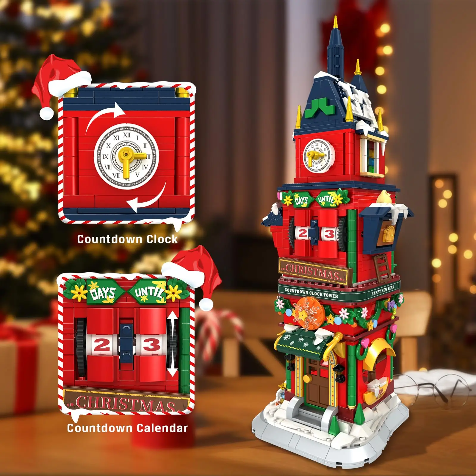 Christmas Countdown Clock Tower Building Set with LED-Xmas Village House Holiday Festival HomeDecor Model Gift for Adults Kids8+