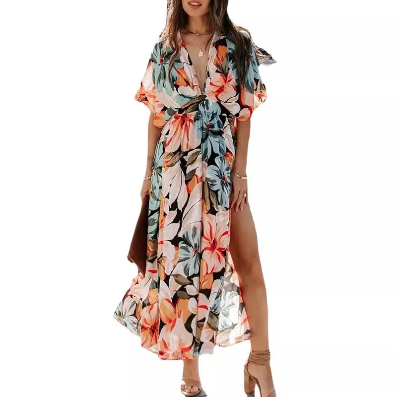 

Summer Maxi Dresses Orange Floral Kimono Long Dress with Slit