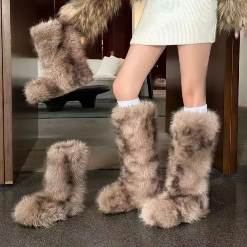 

2026 Brown Fur Plush Shoes Round Head Fluffy Knee Boots Women's Winter Warm Mid Top Boots
