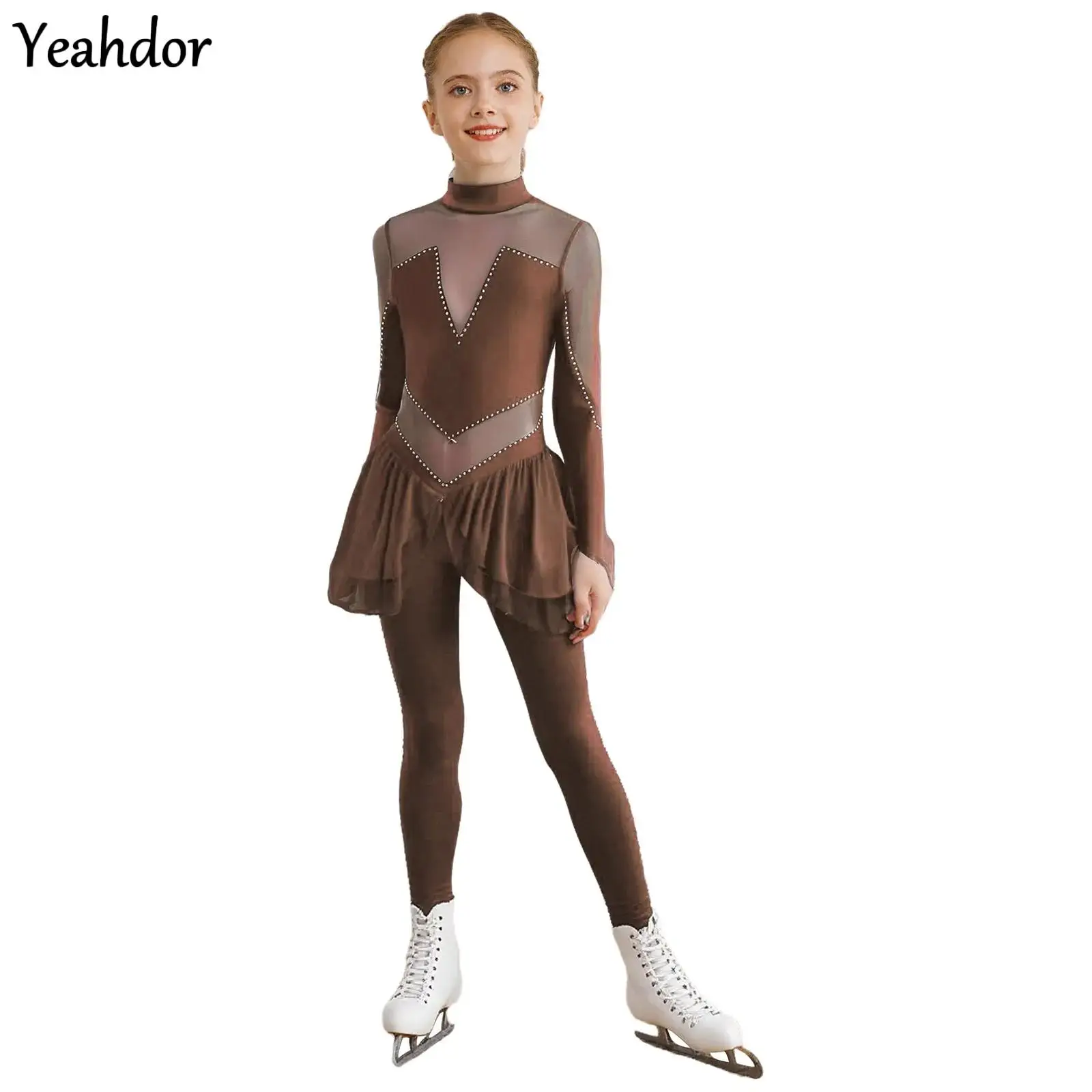 

Girls Long Sleeve Rhinestones Ballet Dance Leotard Sheer Mesh Gymnastics Jumpsuit Workout Figure Skating Full Body Suit Dancewea