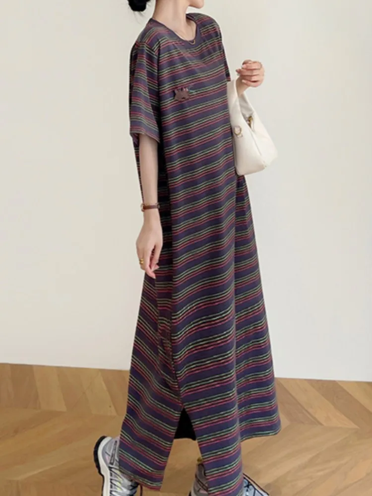 

Plus Size Summer New Korea Striped Women Dress Vestidos Robe Elbise Loose Slit Short Sleeve Long Dresses