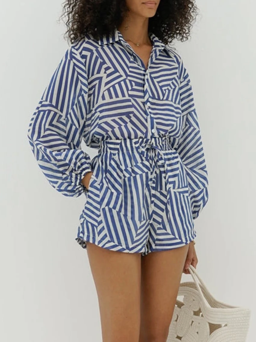 Marthaqiqi Loose Female Nightwear Set Long Sleeve Nightgowns Turn-Down Collar Sleepwear Shorts Causal Women Pajamas 2 Piece Suit