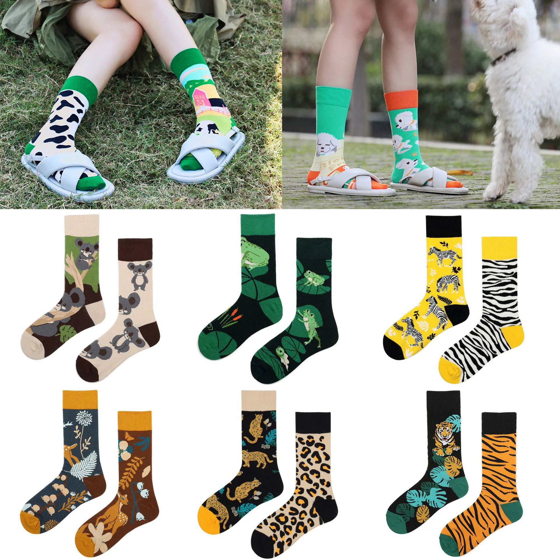 New Animal Pattern Puppy Cat AB Asymmetric Mandarin Duck Trendy Socks Medium Long Tube Cotton Lovers Socks