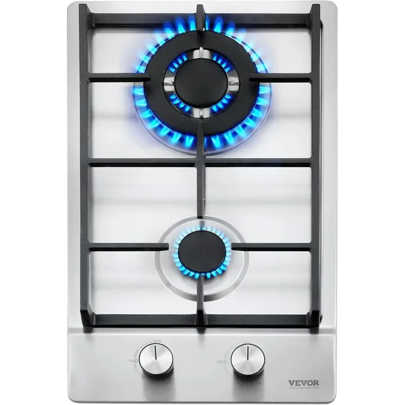 Gas Cooktop 12 inch Max 12250BTU 2 Burners Built-in Stainless Steel Gas Stove Top LPG/NG Convertible Dual Fuel Natural Gas