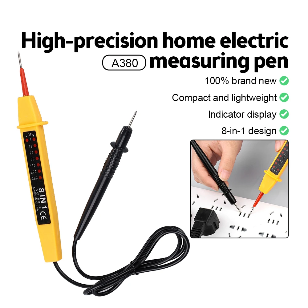 8-In-1 Voltage Tester AC/DC 6-380V Auto Electrical Pen Detector Induction Display with LED Light for Electrician Testing Tool