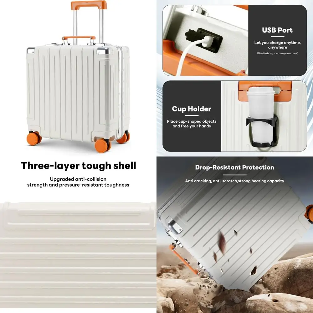 أمتعة دوارة صلبة معتمدة من TSA مقاس 18 بوصة مع حامل USB وحامل أكواب، حقيبة حمل خفيفة الوزن ذات 8 عجلات #1