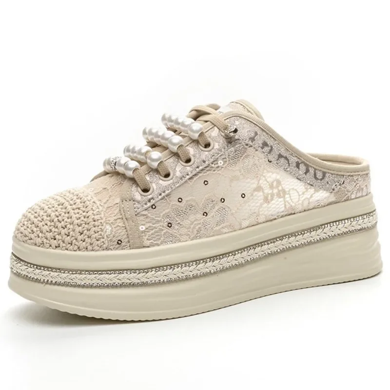 

5cm New Air Mesh Atretch Fabric Synthetic Comfy Sandals Summer Bling Fsahion Slippers Chunky Sneakers Women Sandals Shoes