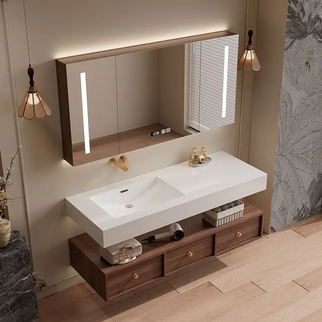 

Rock slab hot bending seamless integrated basin bathroom cabinet combination new Chinese bathroom hand