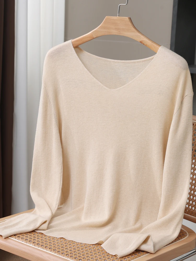 2024 New Women's V-neckBasic Pullover Sweater For Spring Summer Thin Soft Loose Long Sleeve Shirt 30% Merino Wool Knitwear Tops