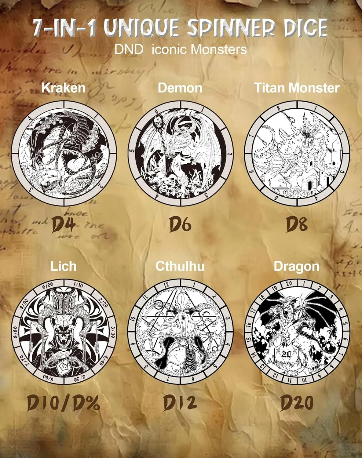 Spinner Dice dla zestawu kości DND 7 w 1, unikalne metalowe kości do gier RPG Dungeons and Dragons RPG