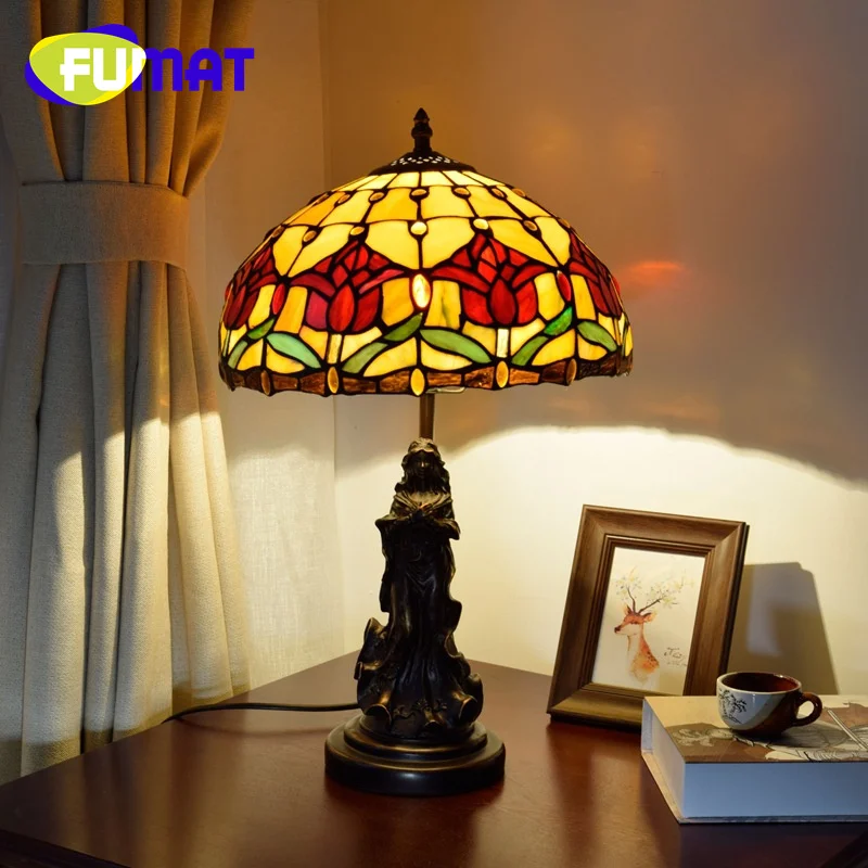 

FUMAT Tiffany stained glass desk lamp retro pastoral style red tulip art Deco living room bedroom bedside study night light