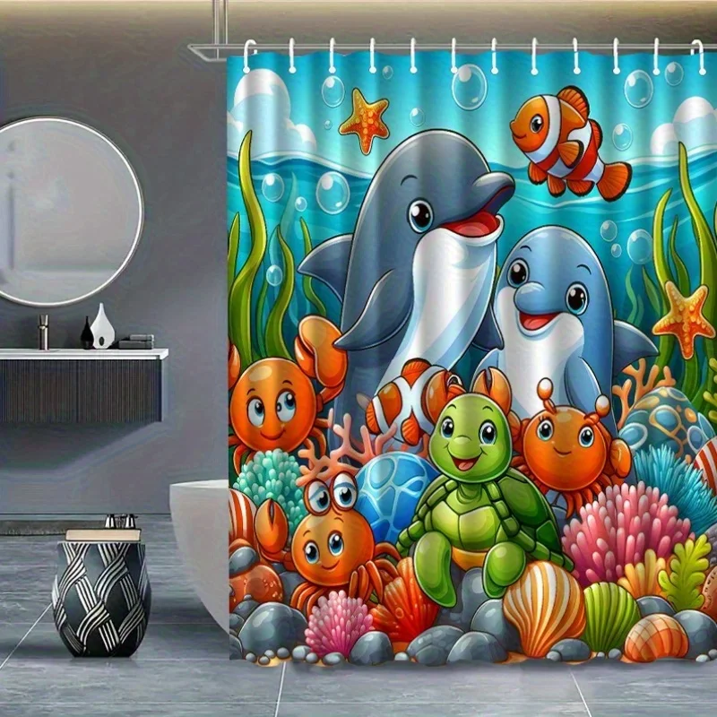 Cute Underwater Sea Animals Shower Curtain, Dolphin and Turtle Kids Bathroom Decor, Waterproof Polyester Fabric, Multiple Sizes