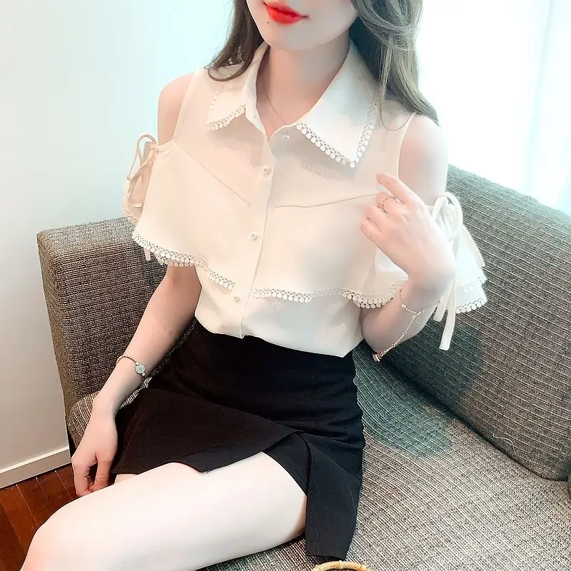 Blusa sencilla con hombros descubiertos para mujer, Camisa de gasa de manga acampanada empalmada coreana, Color sólido, Verano