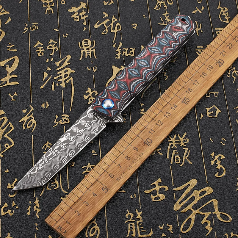 

Damascus steel blade G10 handle folding knife outdoor self-defense rescue camping survival cutting portable tool knife