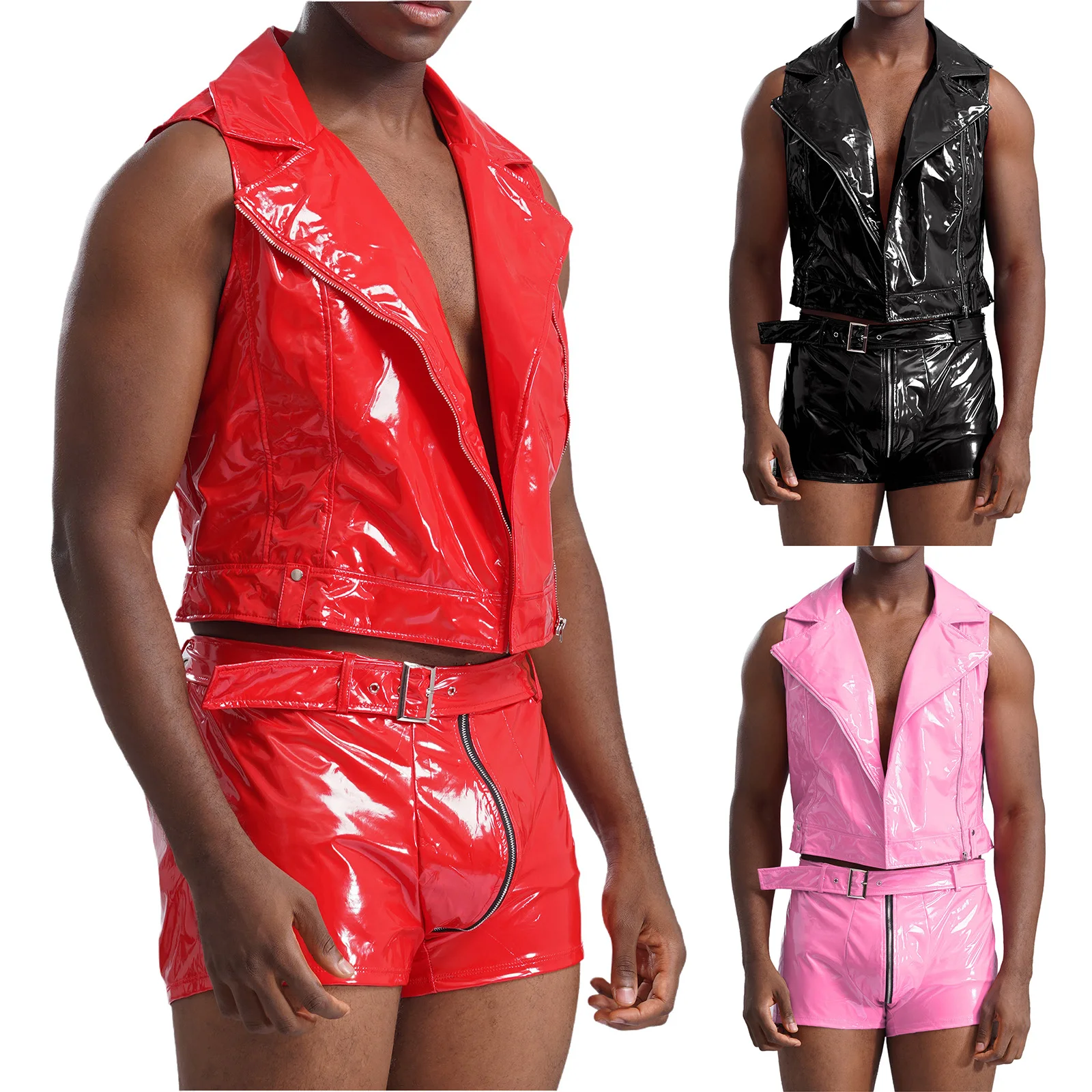 Mens Wet Look Patent Leather Clubwear Outfits Sleeveless Zipper Tank Top And Boxer Shorts with Belt for Nightclub Rave Party