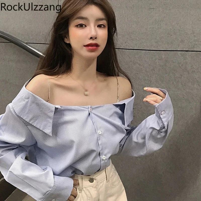 Women Shirt Solid Button Up Off Shoulder Korean Cloth Tee Loose Long Sleeve Blouse Fashion Sexy Blusas Fall Autumn Spring Casual