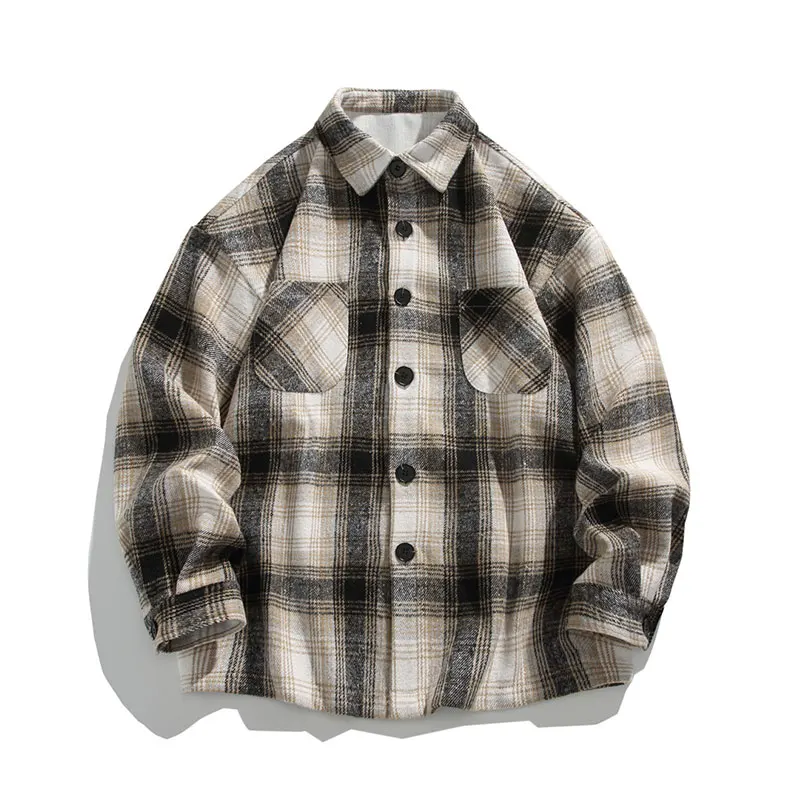 Japan and Korea Streetwear Long-sleeved Shirt 2024 Autumn Oversized Men\'s Casual Shirts Stylish Color Clash Plaid Shirt