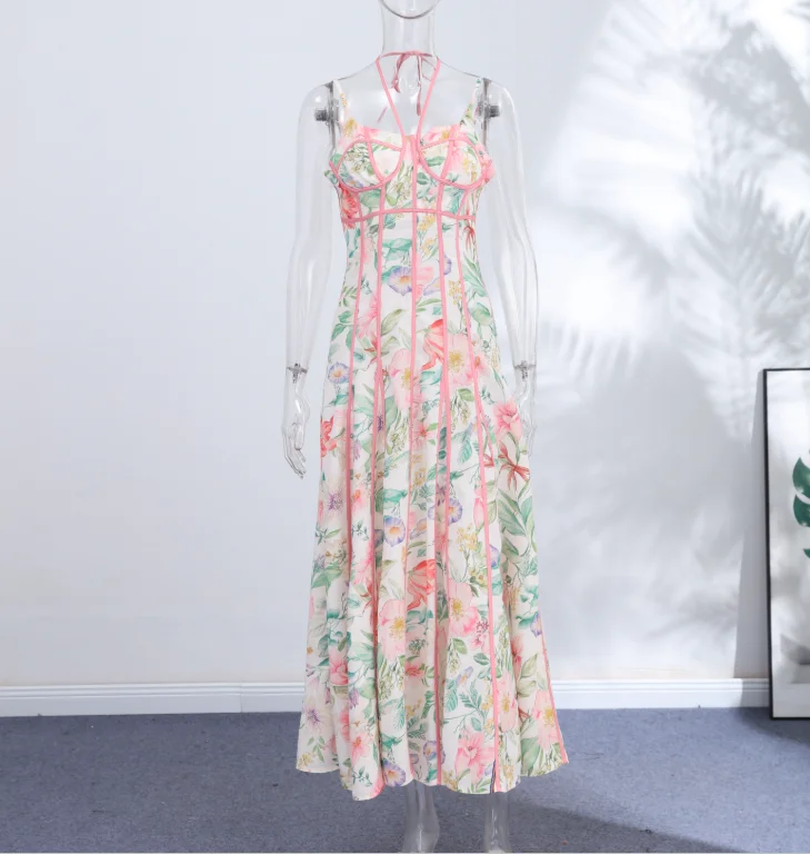 2026 Neues Boho Blumenmuster Neckholder Maxikleid für Damen Korsett-Bustier Rosa Besatz A-Linie Fließendes Sommer-Urlaubskleid für den Strand – Detail 4
