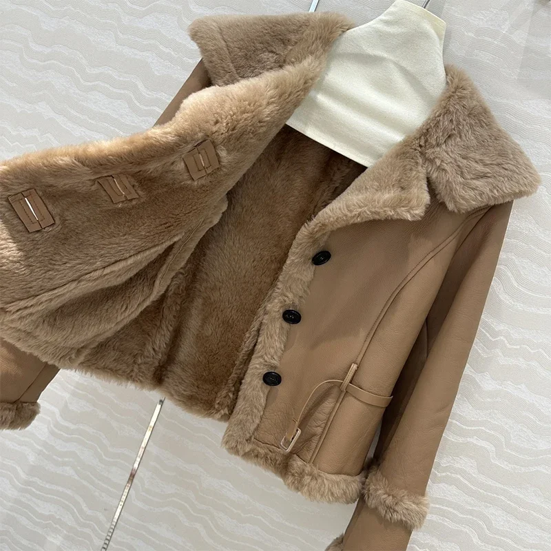 2024 AW Autumn New Cashmere Tweed Jacket Women Khaki Vintage Lapel Lace Up Leather Jacket Luxury Brands Women\'s Coats Short