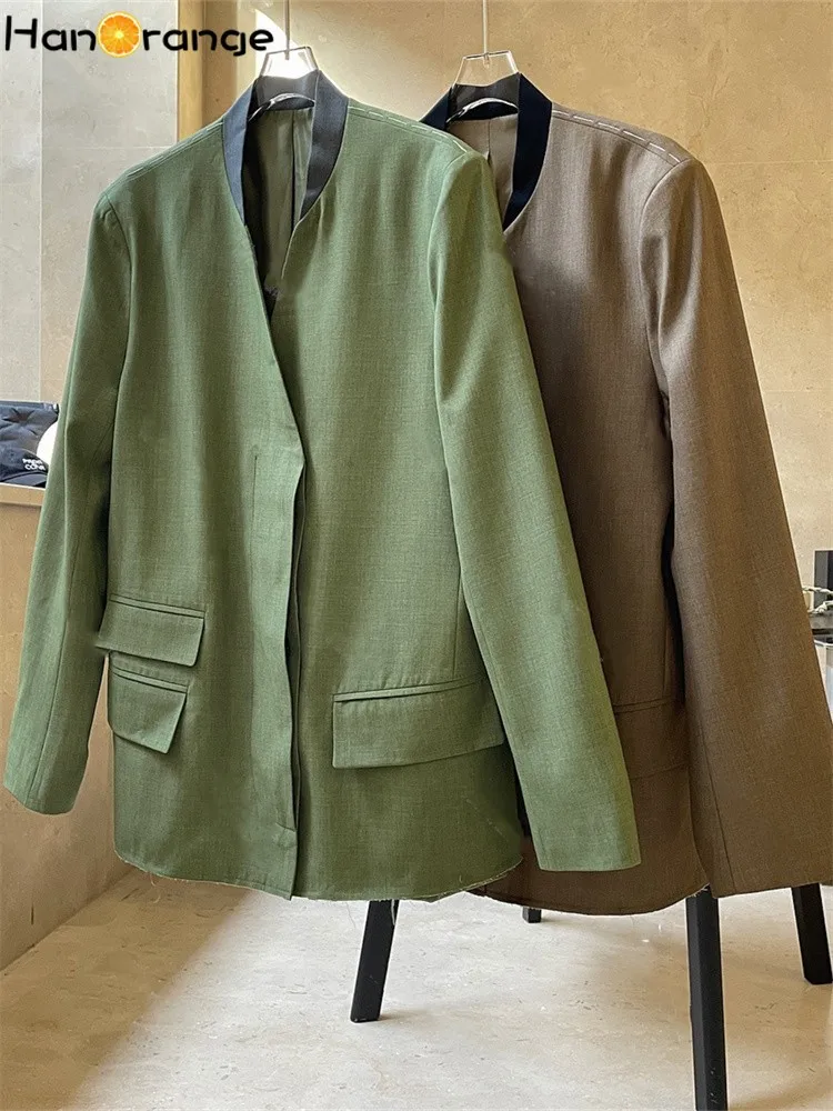 HanOrange 2024 Spring Retro Contrast Neckline Suit Jacket Women Loose Casual Blazer Female Green/Brown Coffee